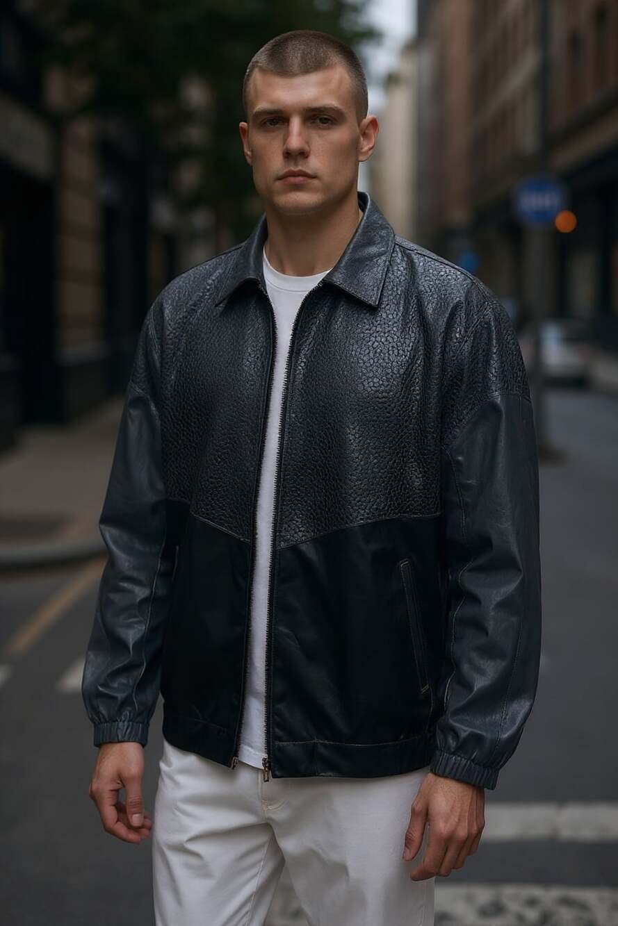 Vintage Comint Black Genuine Leather Bomber Jacket with Embossed Croc Pattern